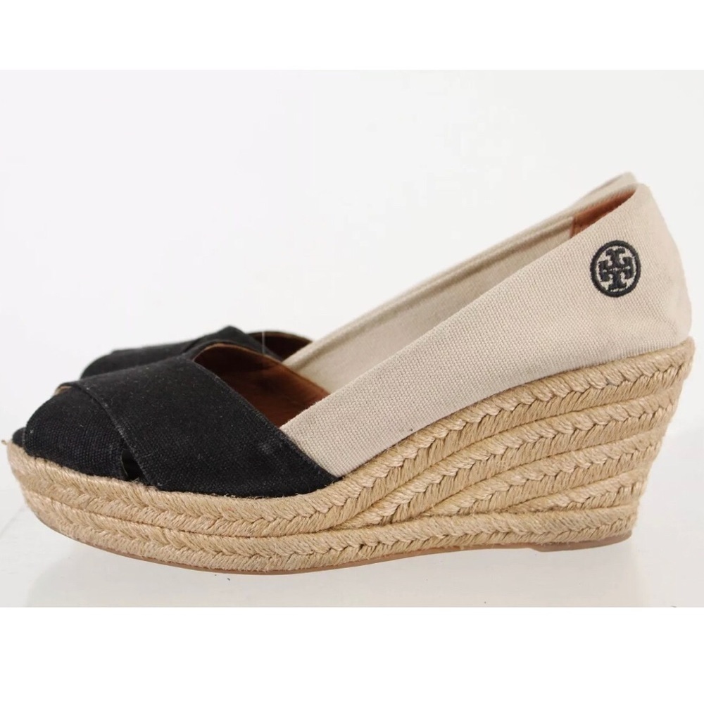 𝅺tory Burch Filipa Canvas Black Suede Wedge Espradrille Size 10.5